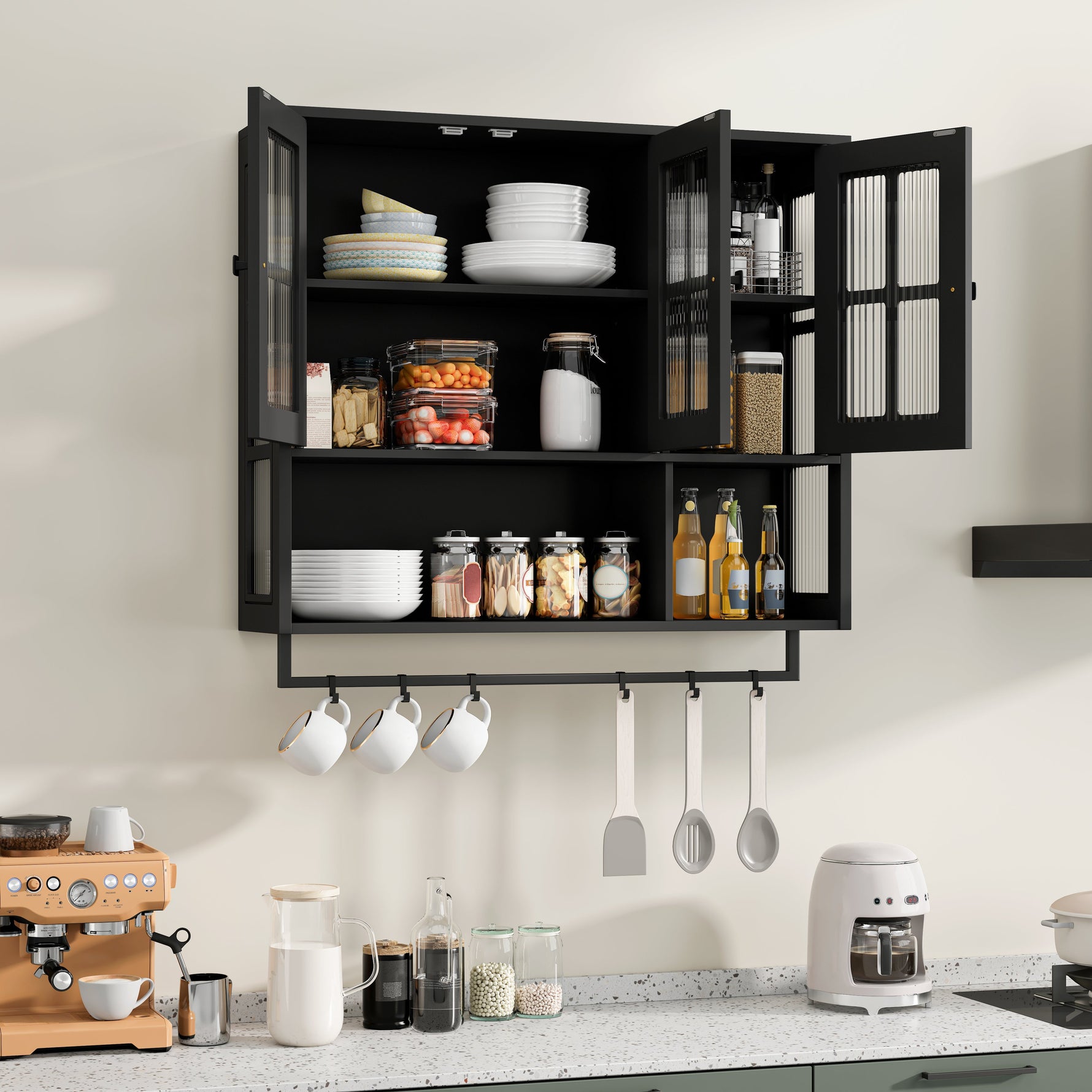 Bathroom Wall Cabinet 3-Door Wooden Glass Door Towel Bar, Black