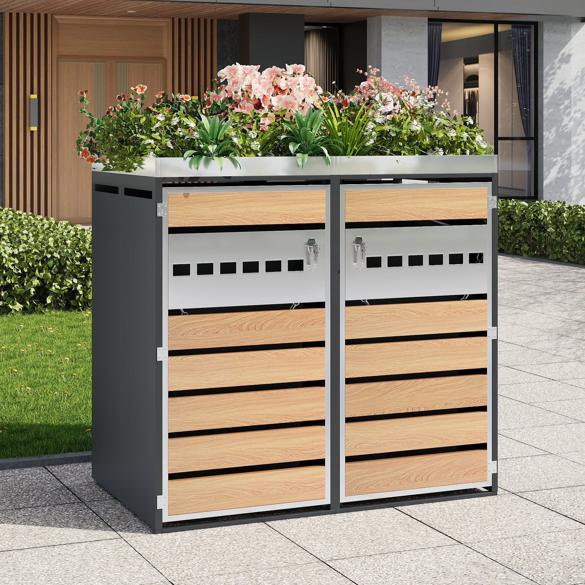 Trash Can Storage Box with Lockable Two Doors and Planting Area, Ventilation, Steel