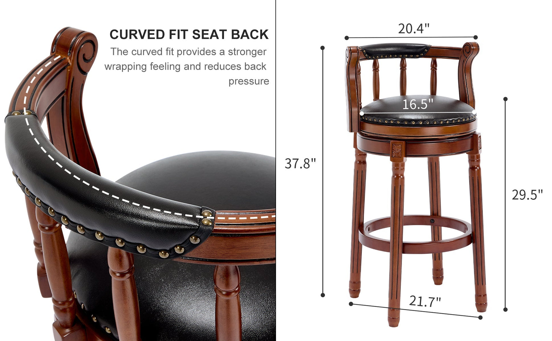 Bar Stools 360° Swivel with Backs Bar Counter Height - Cow Top Leather Wooden