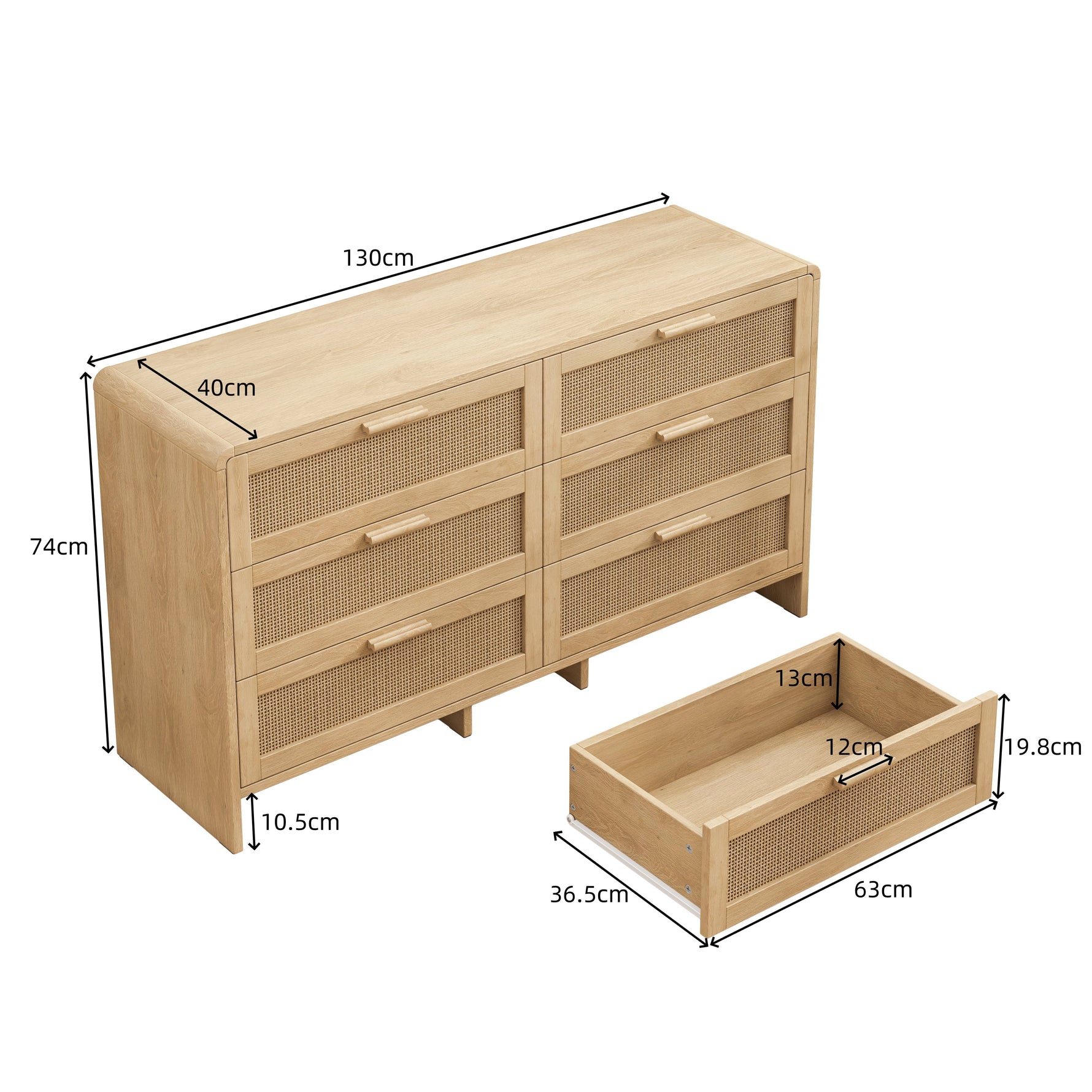 Arc Shaped Corner Cabinet, 6-Drawers Rattan Storage, Natural