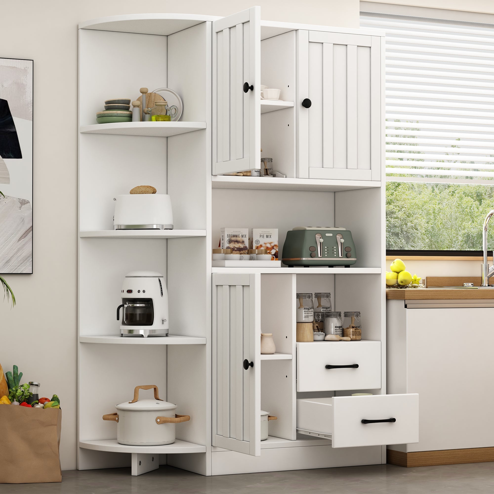 Corner Wardrobe Display Cabinet, 3 Cabinets 2 Drawers, 14 Storage Areas, 104x35x155cm, White