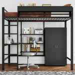 Iron Bunk Bed with Table, Wardrobe, Storage, 5-Step Ladder, 90x200cm - Black Iron/Chipboard