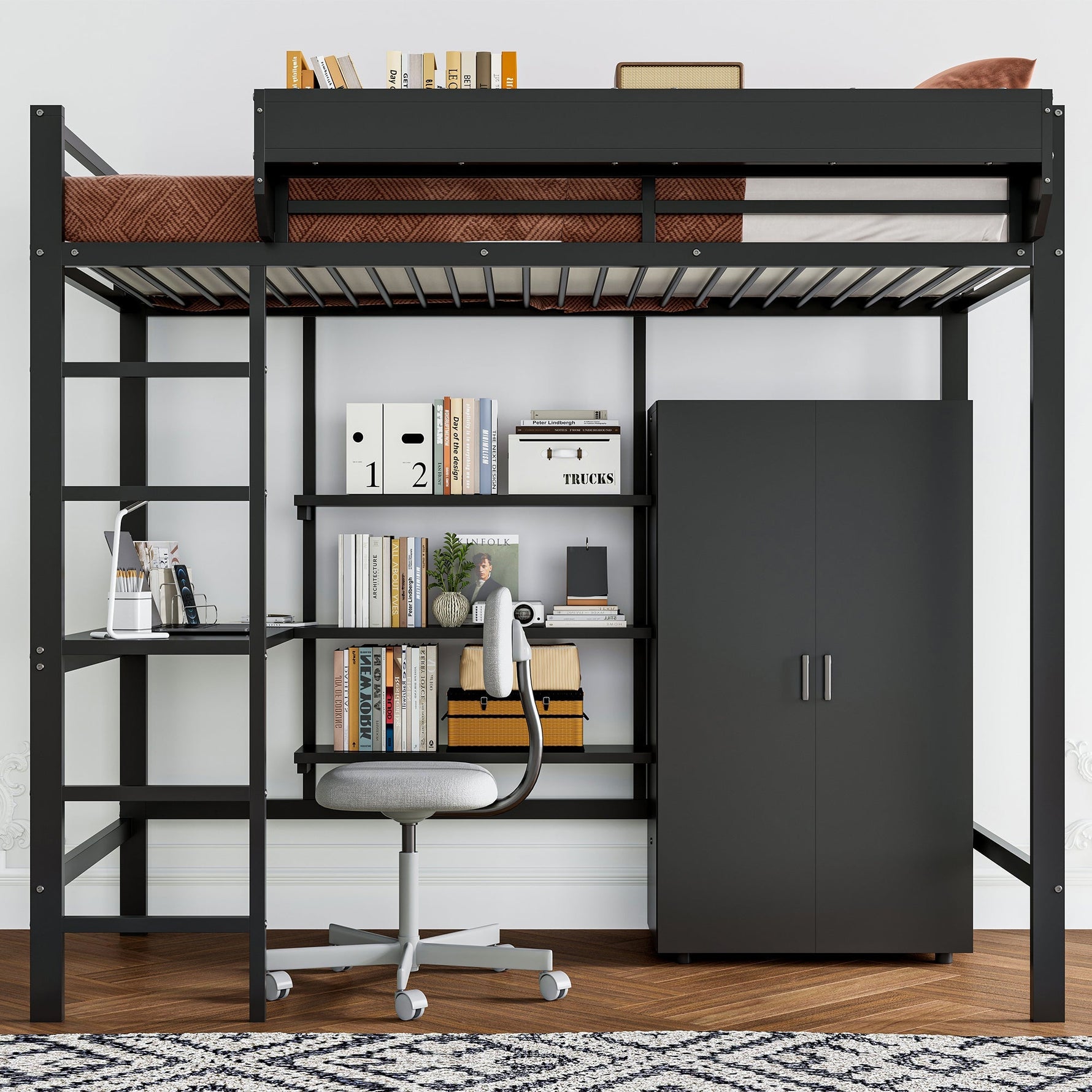 Iron Bunk Bed with Table, Wardrobe, Storage, 5-Step Ladder, 90x200cm - Black Iron/Chipboard