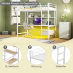 Loft Bed 90x200cm with Desk, Multi-Tiered Shelf, Ladder, USB, and LED Lights, Metal White