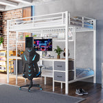 Loft Bed Desk Storage Drawers LED USB - White Iron Frame
