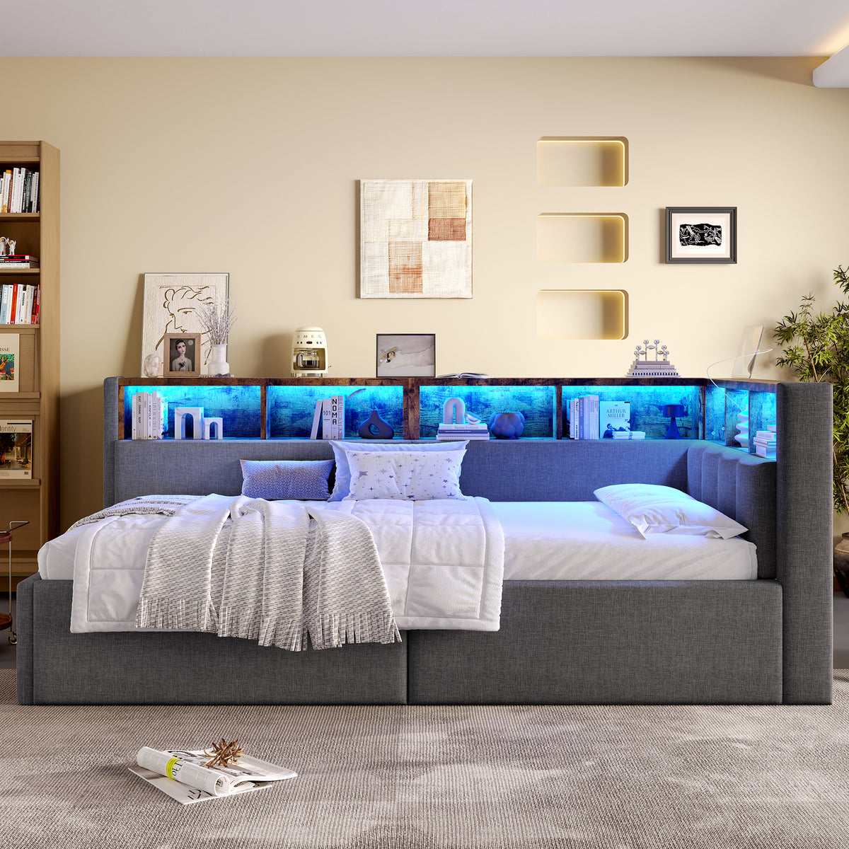 Daybed Sofa Bed 90x200cm with Storage & LED, Grey Linen