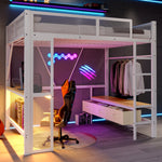Metal Play Loft Bed 140x200cm, USB LED Desk Wardrobe Storage, White
