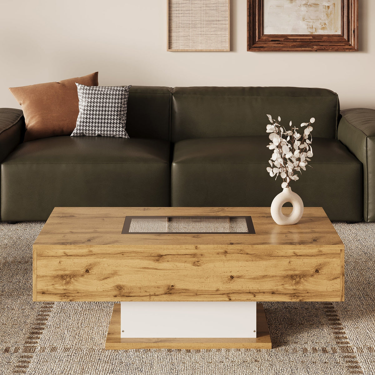Coffee Table with Color-Changing LED Light, Glass, Two Drawers