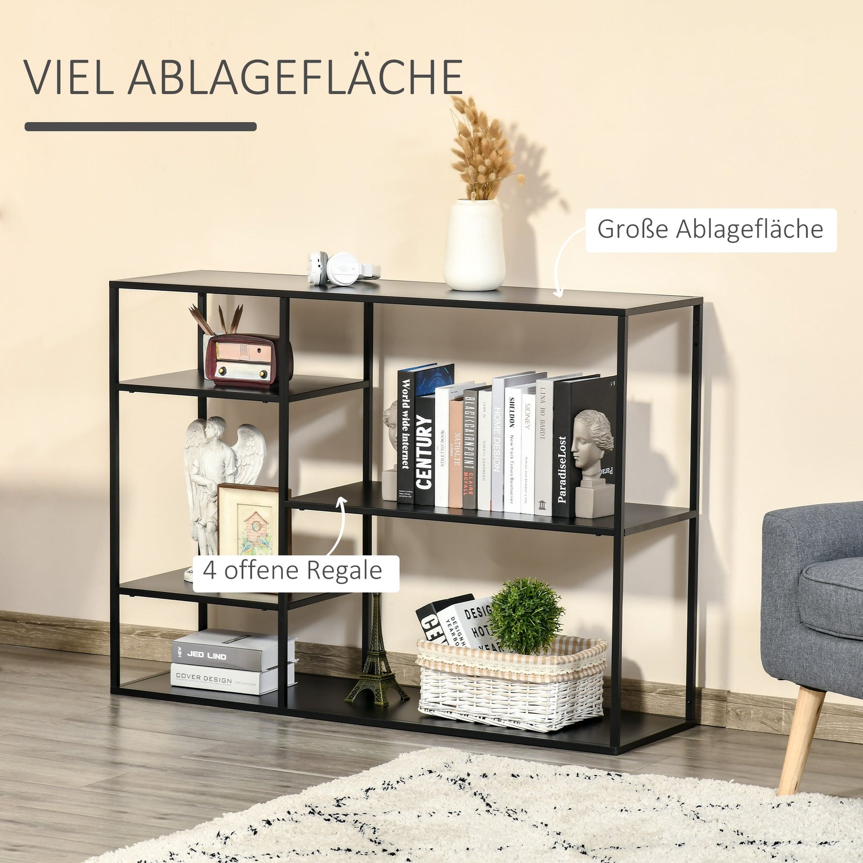 Freestanding Bookcase, 5 Open Compartments, Metal, Black