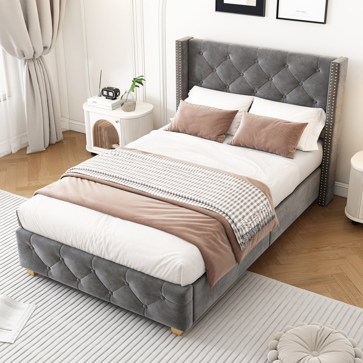Upholstered Bed 90x200cm with Slatted Frame, Grey Velvet