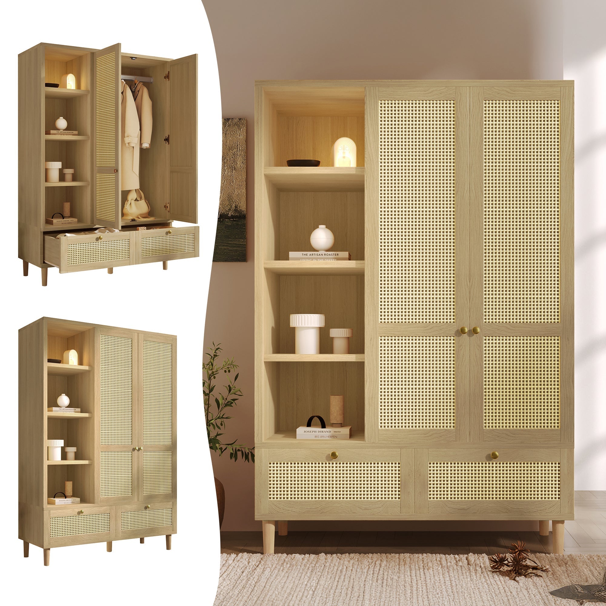 Wardrobe with 2 Doors, Rattan Weave, Shelves, Clothes Rail and 2 Drawers, Oak Look