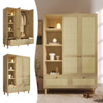 Wardrobe with 2 Doors, Rattan Weave, Shelves, Clothes Rail and 2 Drawers, Oak Look