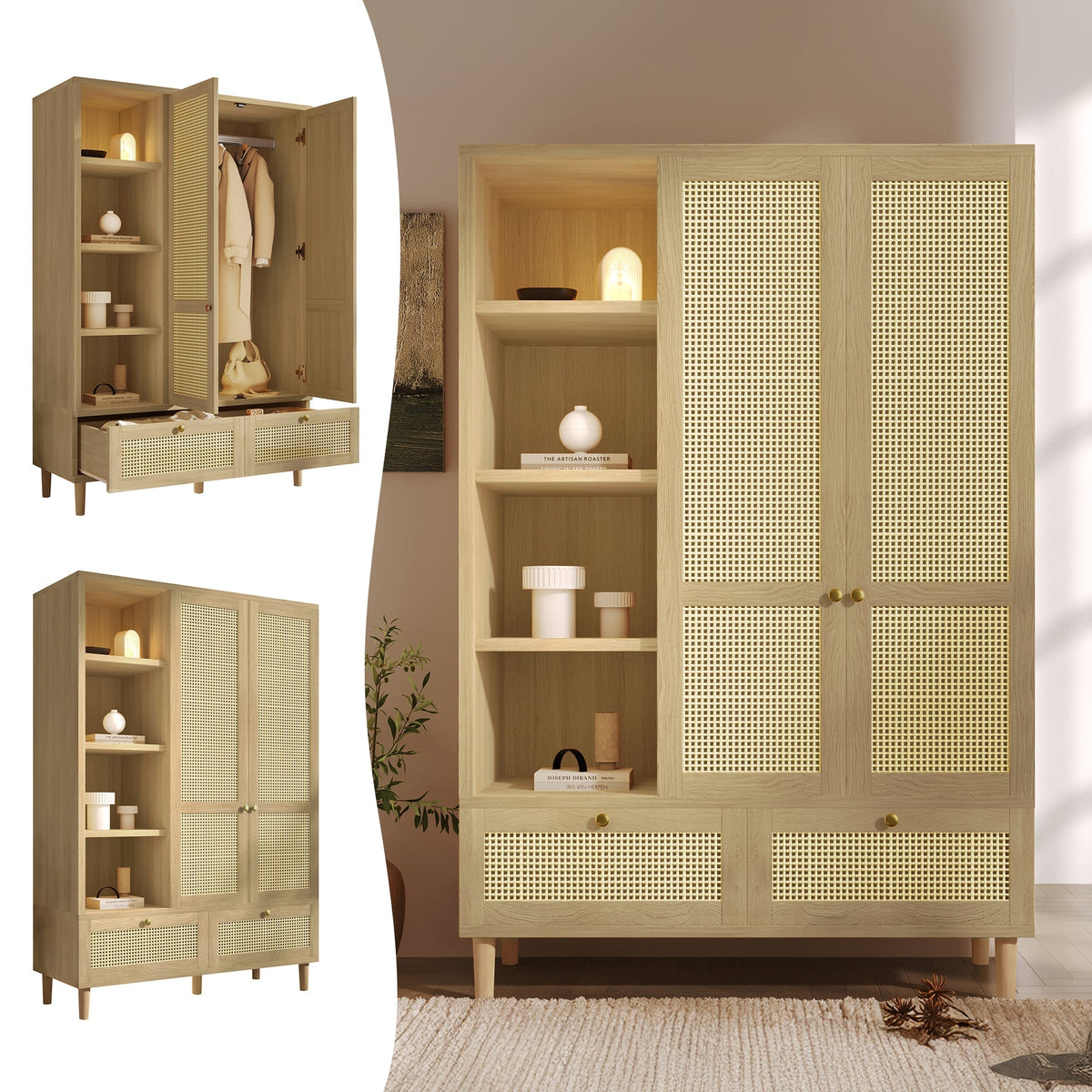 Wardrobe with 2 Doors, Rattan Weave, Shelves, Clothes Rail and 2 Drawers, Oak Look