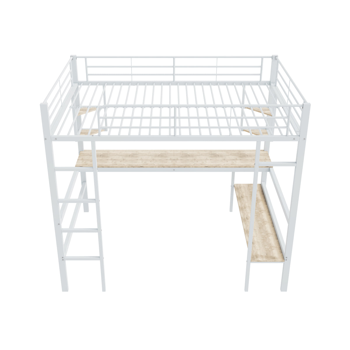 Loft Bed 140x200cm Frame with Desk & Shelves, White Metal