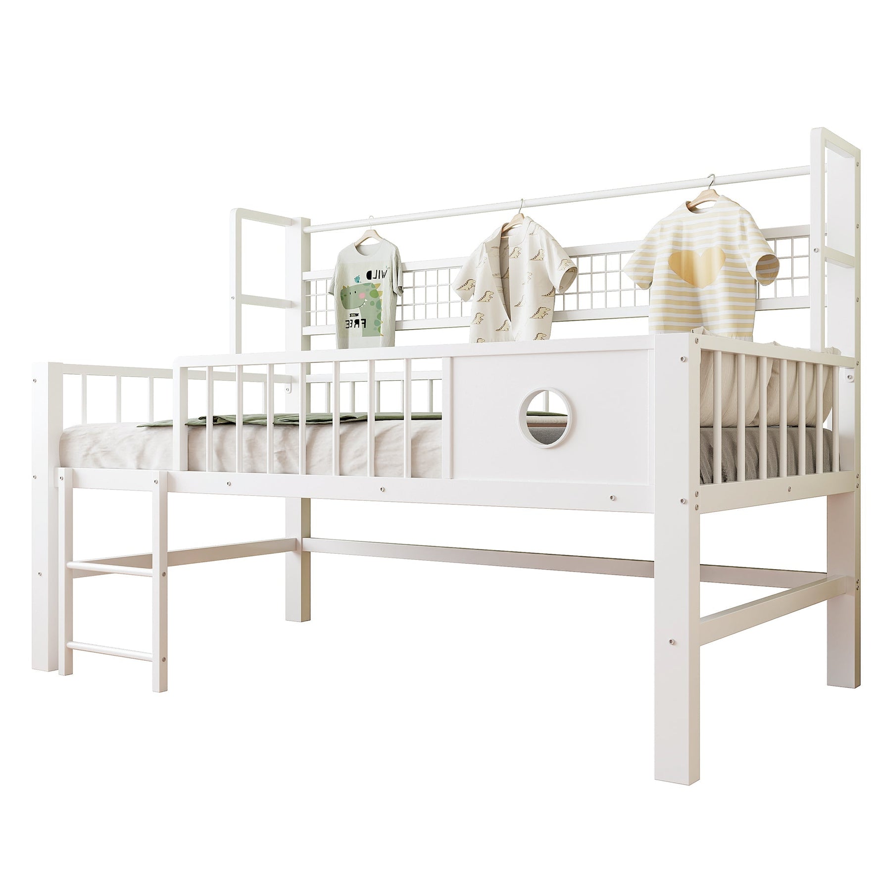 Children's Low Loft Bed with Storage Compartments, 90x200cm, White Metal