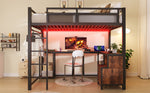 Metal Loft Bed 140x200cm with Desk, LED & Storage, Metal