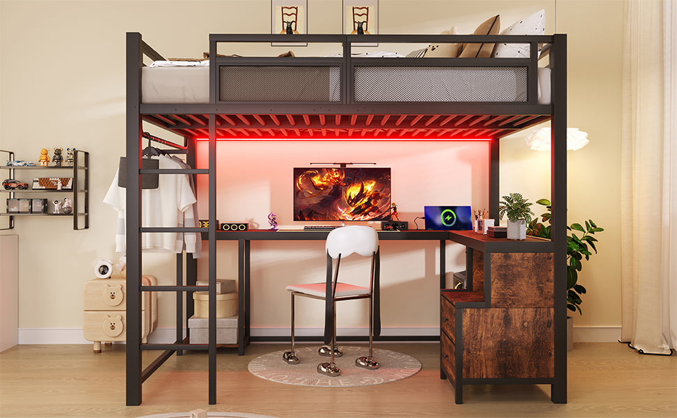 Metal Loft Bed 140x200cm with Desk, LED & Storage, Metal