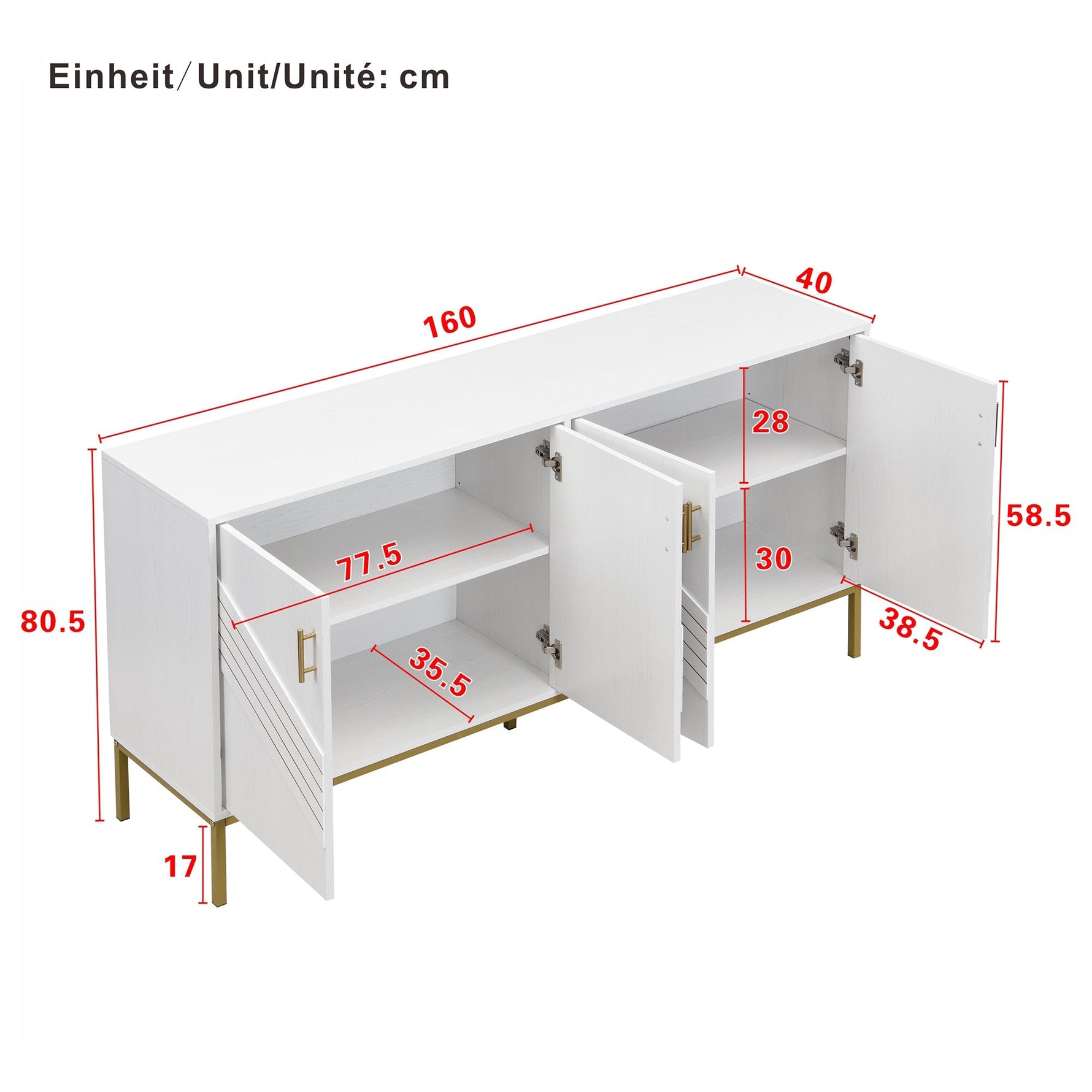 Sideboard, 4 Doors, Large Capacity, Height-Adjustable, White & Gold MDF
