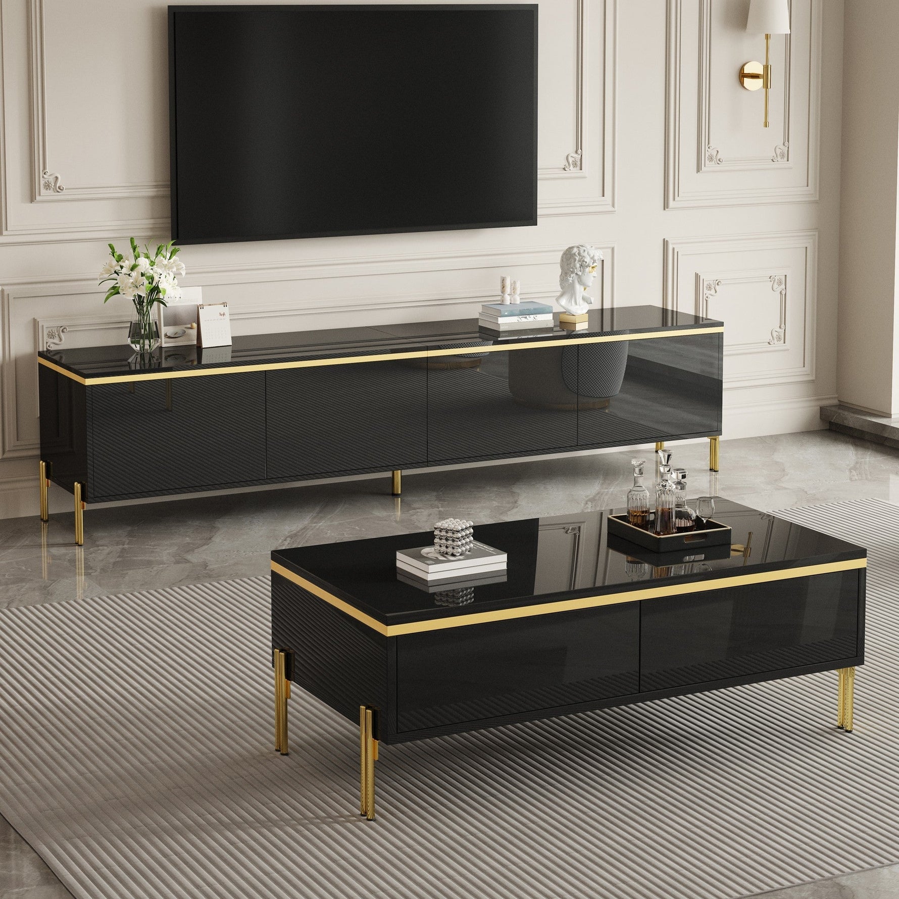 Modern Luxury TV Cabinet & Coffee Table Set - High-Gloss Gold Edges Storage