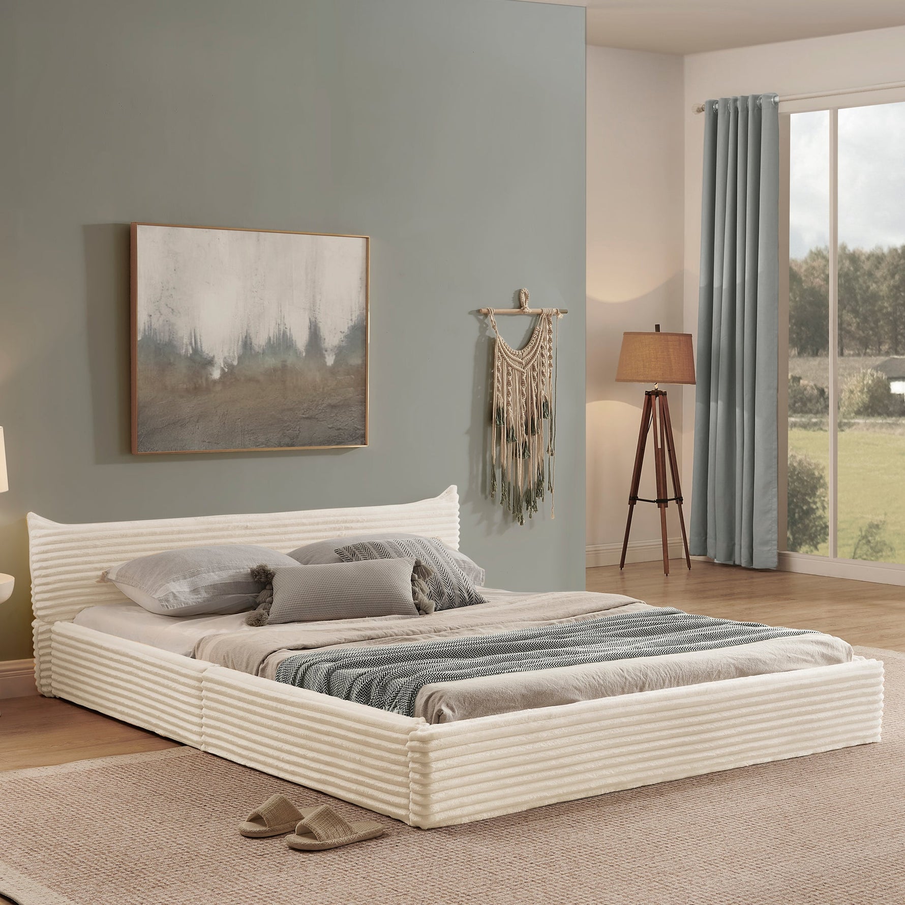 Double Bed 140x200cm, Corduroy Cover, Eucalyptus Wood Frame, Beige