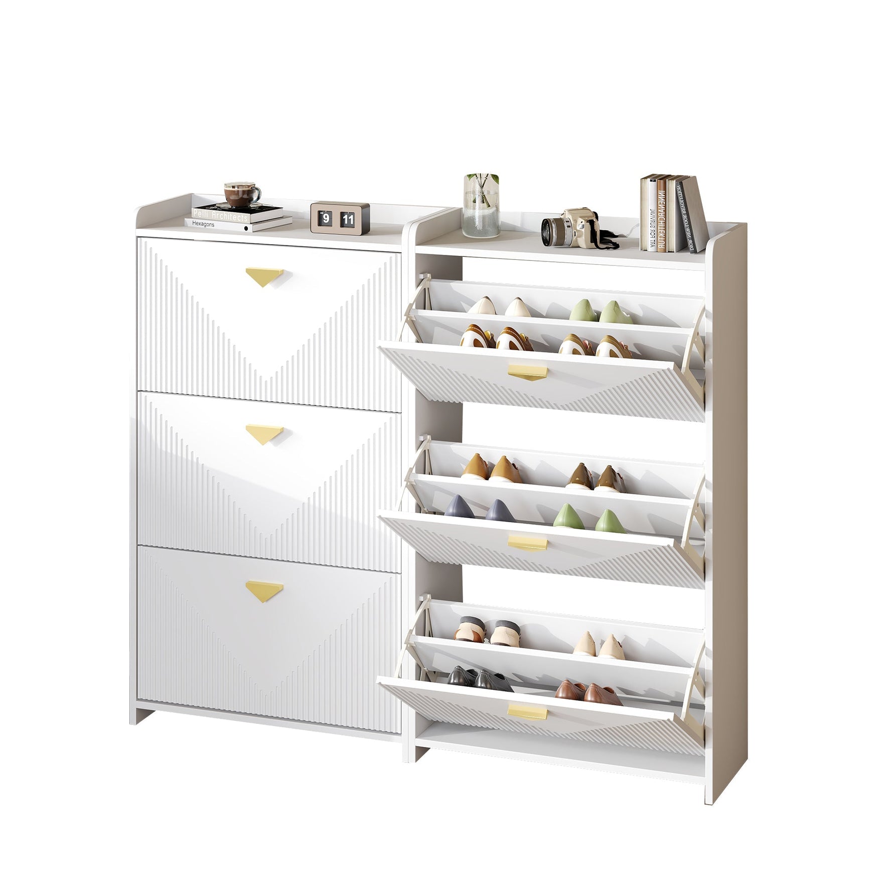 Shoe Cabinet with 6 Drop-Down Doors and Adjustable Width, White MDF