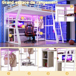 Loft Bed 140x200cm with Desk & Shelves, Light Strip, White Iron