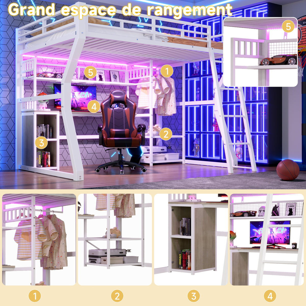Loft Bed 140x200cm with Desk & Shelves, Light Strip, White Iron