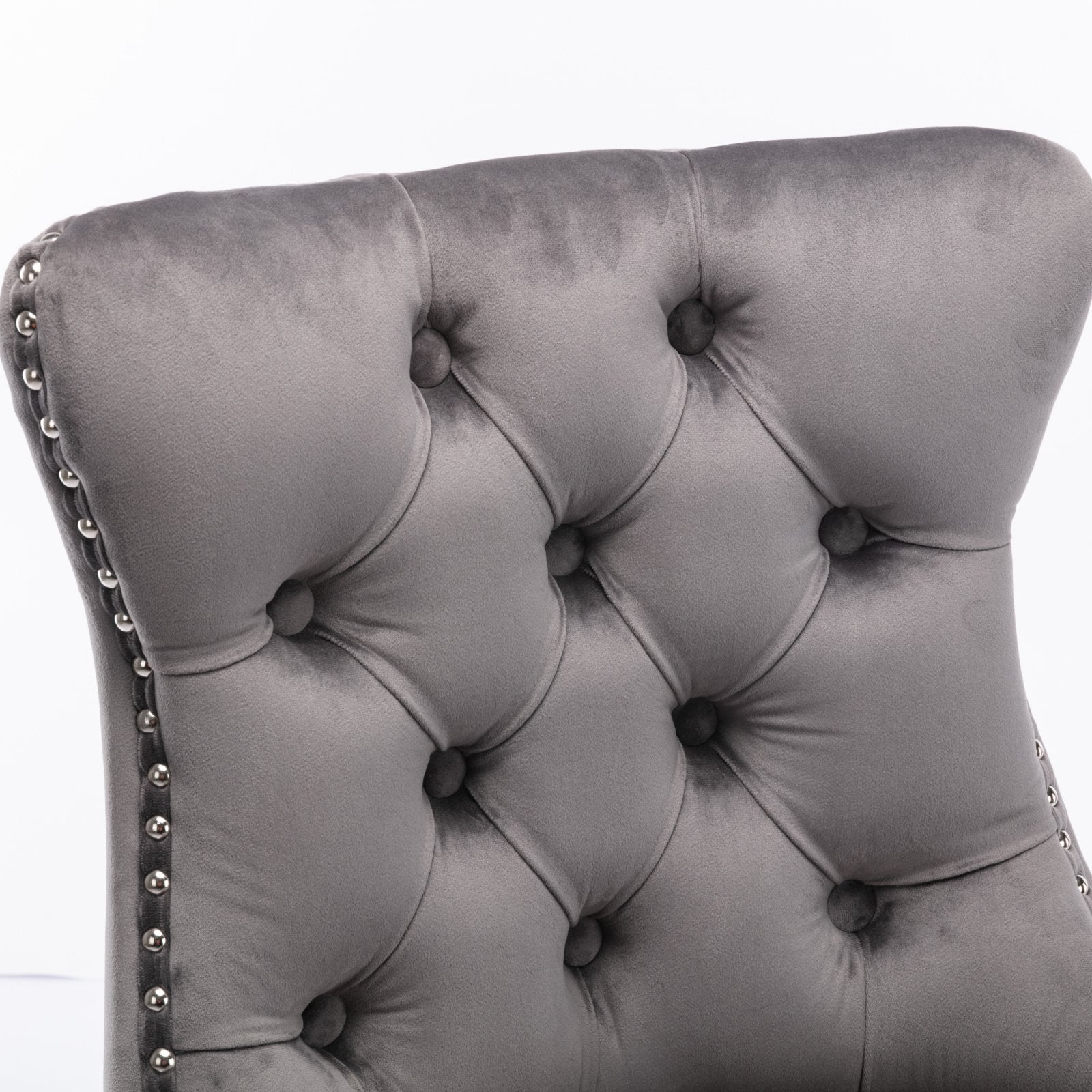 Contemporary Velvet Upholstered Barstools Set of 2 with Button Tufting & Wooden Legs, Gray