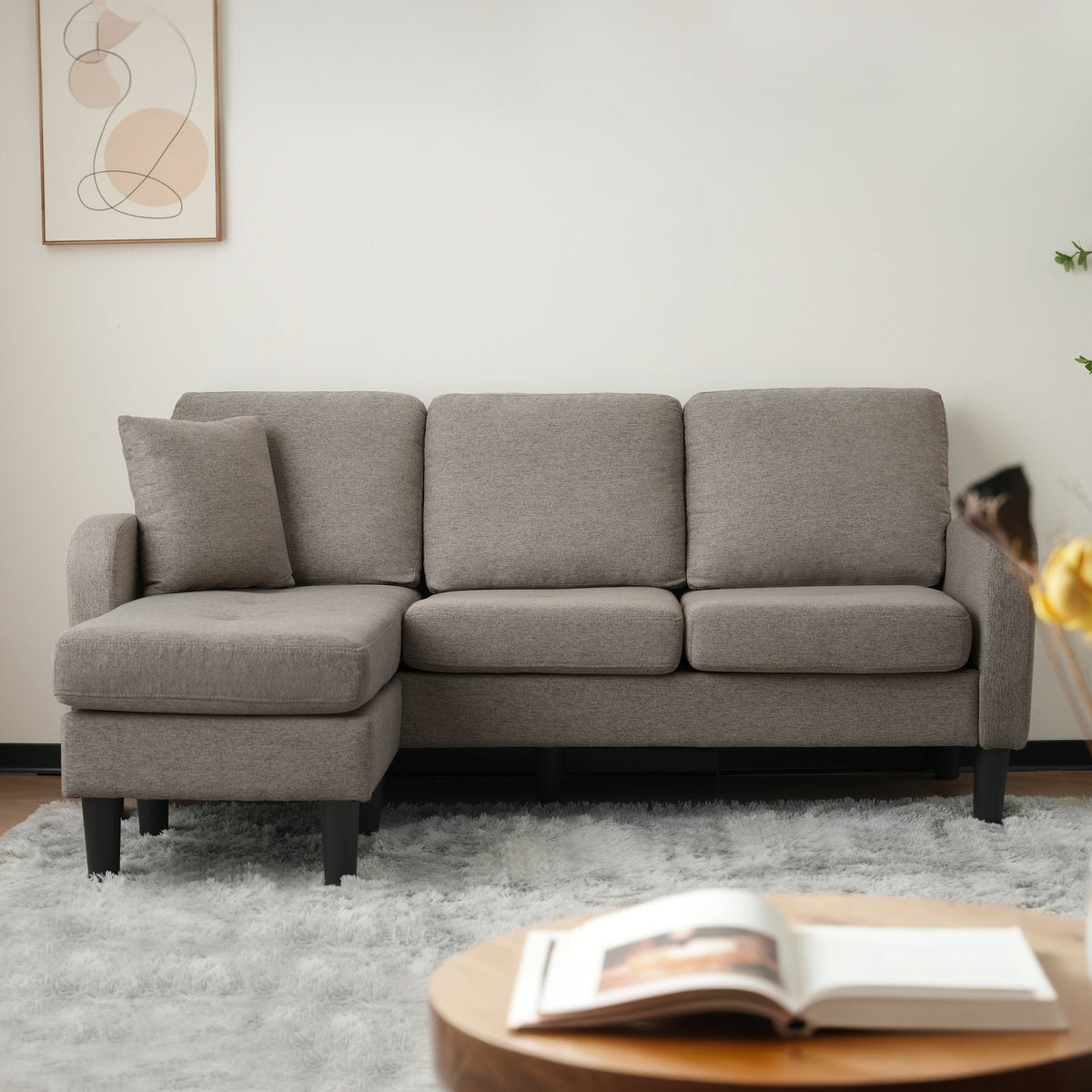 Sofa, L-Shaped Corner with Chaise, 3-Seater, Cotton Linen