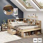Children's Storage Bed 140x200cm Multifunctional Wireless Charging Drawers & Shelves - Natural