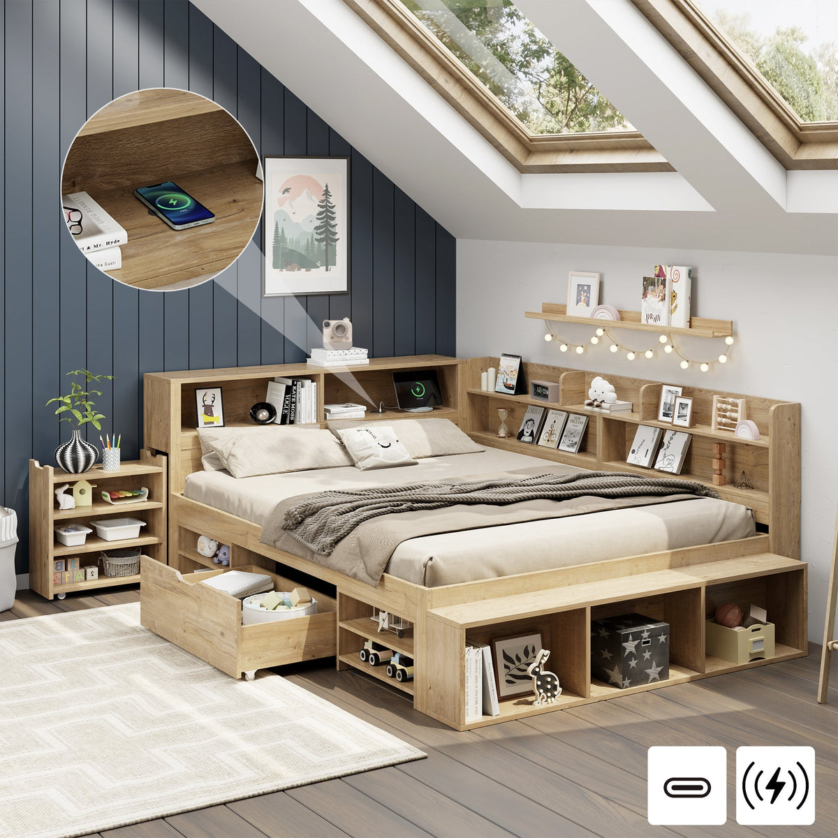 Children's Storage Bed 140x200cm Multifunctional Wireless Charging Drawers & Shelves - Natural