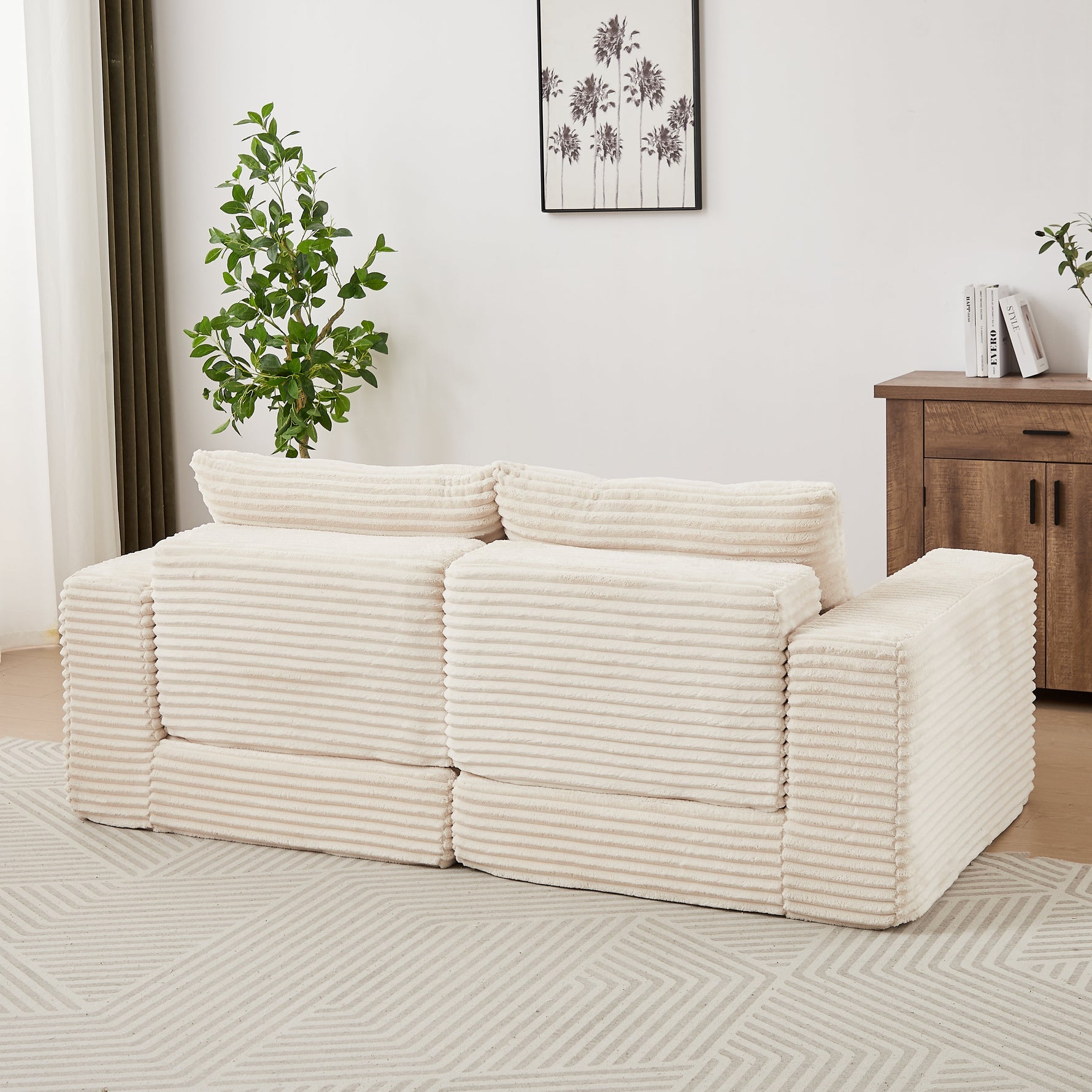 Corduroy 2-in-1 Sofa Bed with Two Pillows, Removable Footstool and Modular Design, Corduroy