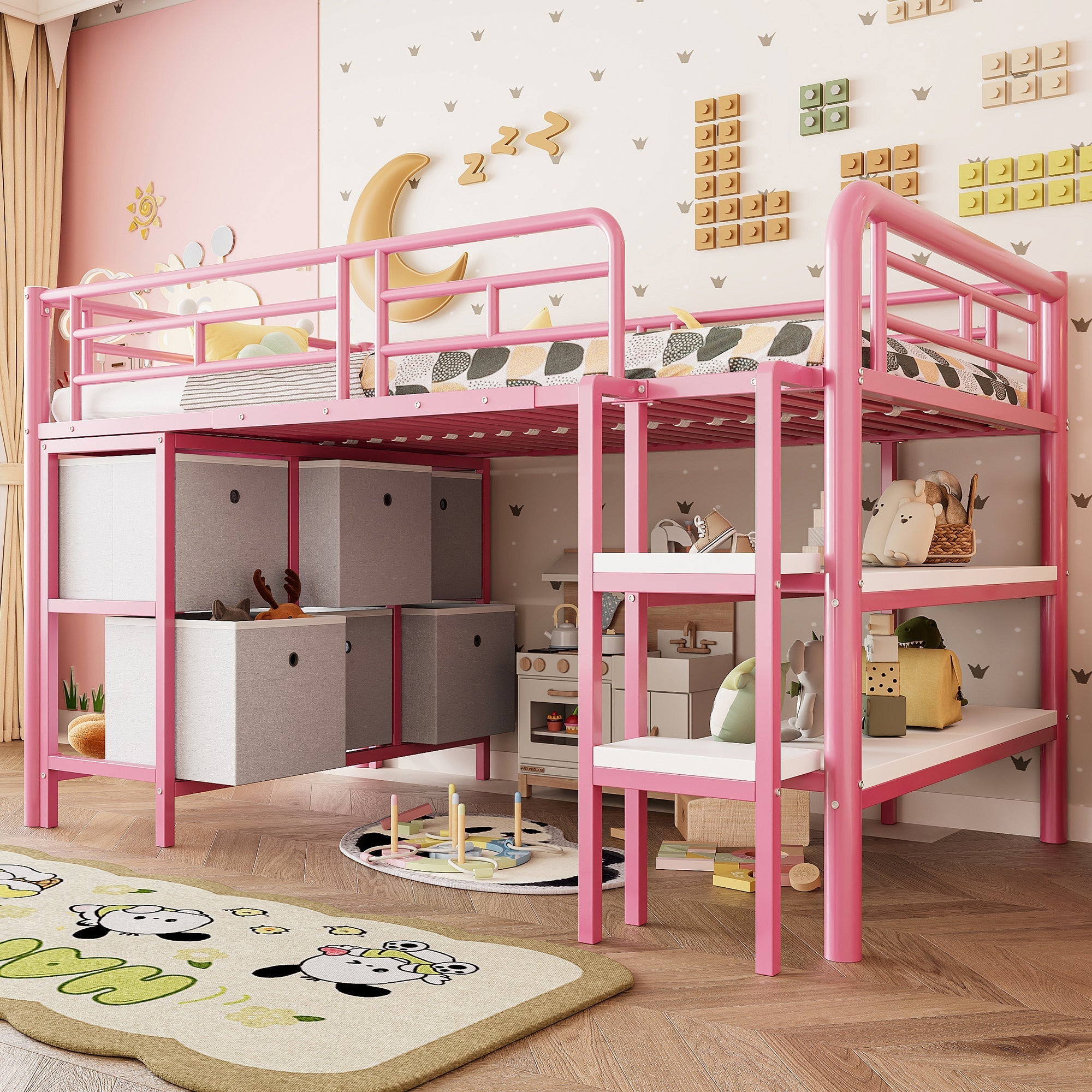 Children's Loft Bed with Metal Frame, Storage Drawers and Shelves, Pink
