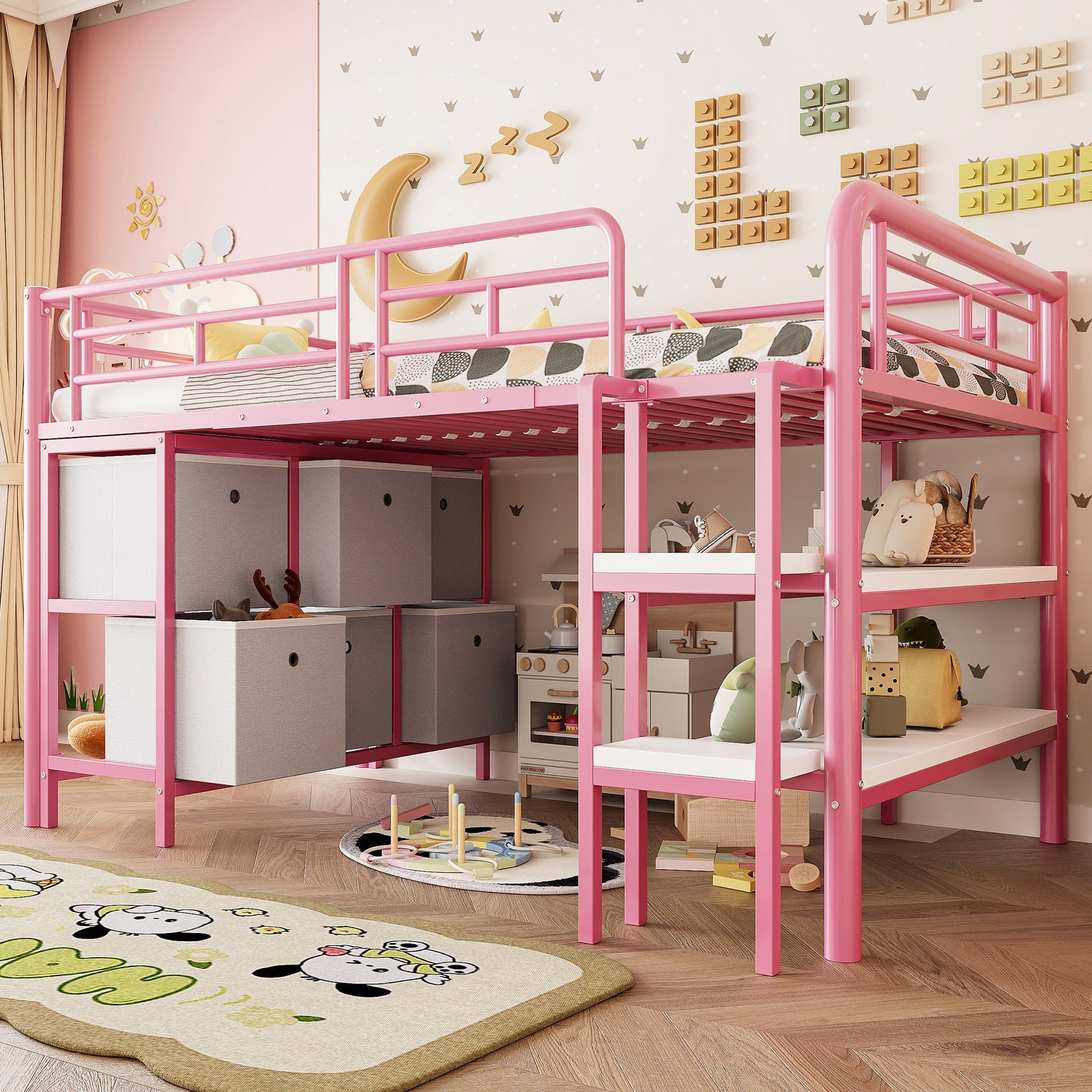 Children's Loft Bed with Metal Frame, Storage Drawers and Shelves, Pink