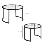 Coffee Table Set of 2, Stackable Side Tables, Black Steel & Tempered Glass