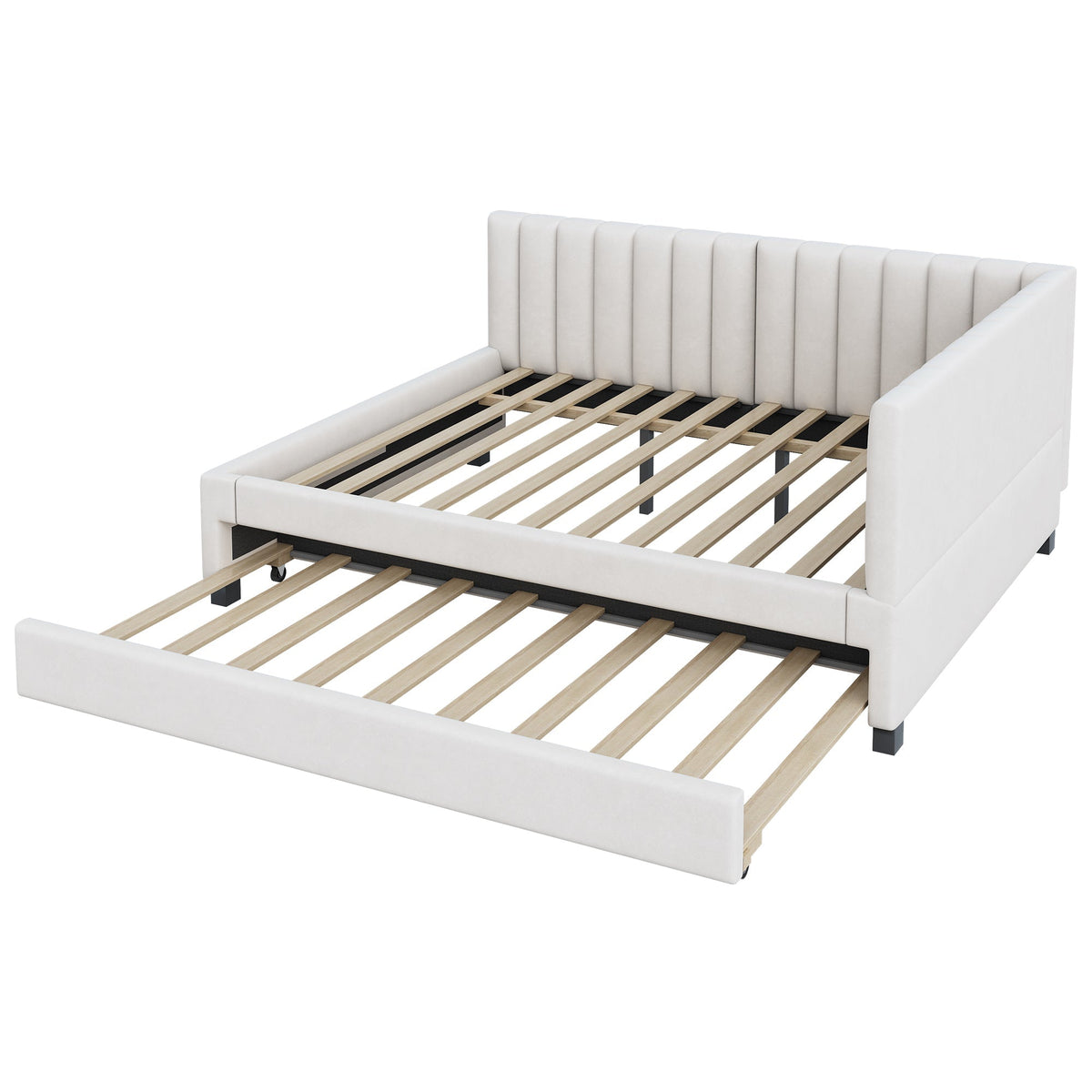 Upholstered Bed 140*200, Pull-Out Sofa Bed with Slatted Frame, Velvet Fabric Beige