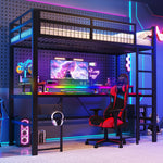 Loft Bed with Desk, LED Lights and Charging Ports, 90x200 cm, Black Iron