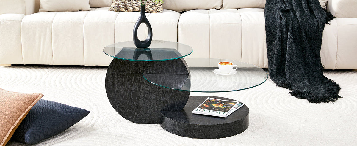 Modern Minimalist Coffee Table with Two-Layer Safety Glass and Multi-Tiered Design, Black Wood Grain Finish