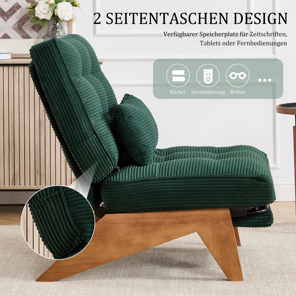 Lounge Chair Adjustable Backless Footrest Lumbar Cushion, Fabric Wooden Legs