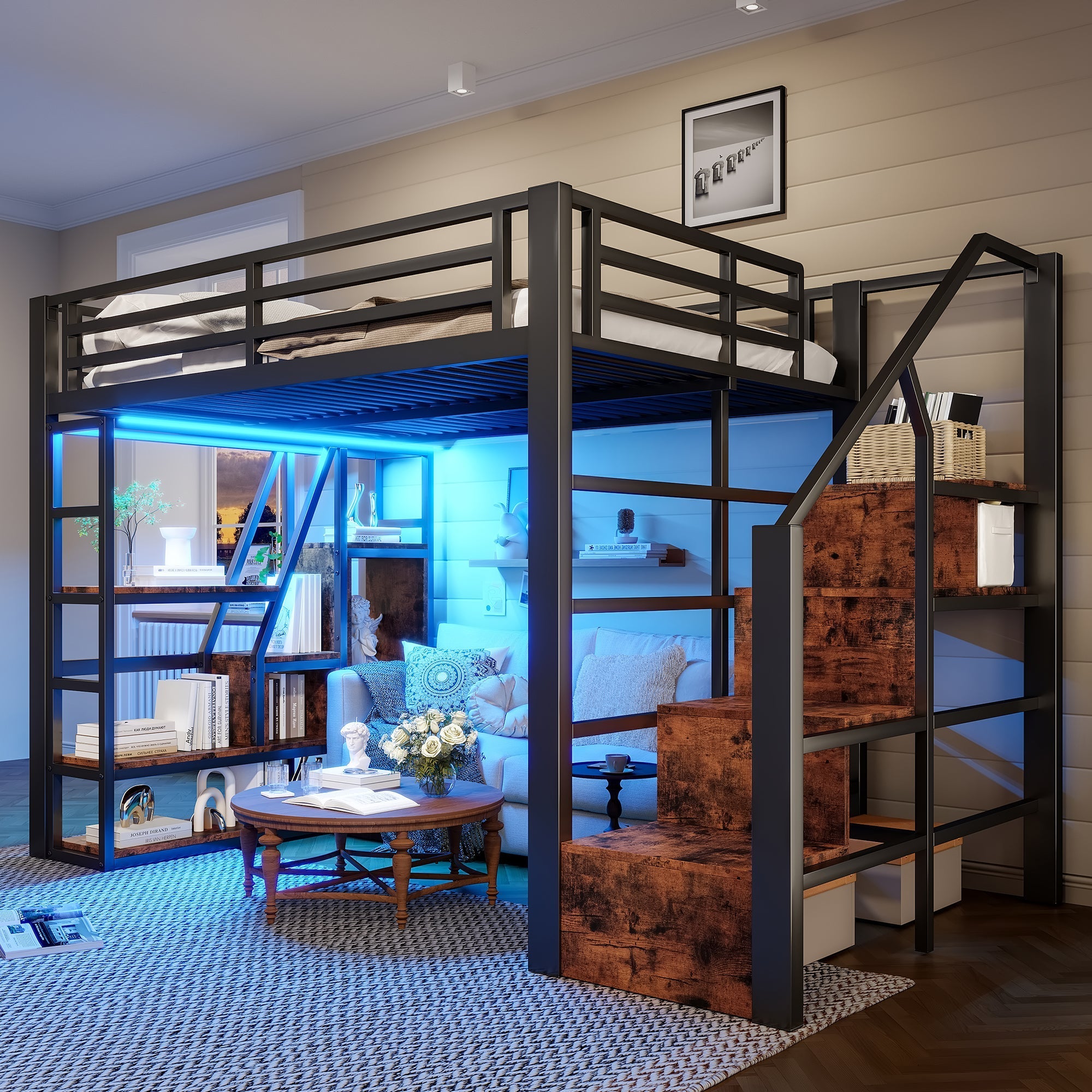 Loft Bed 140x200cm Iron Frame, Storage, Steps, LED, Black