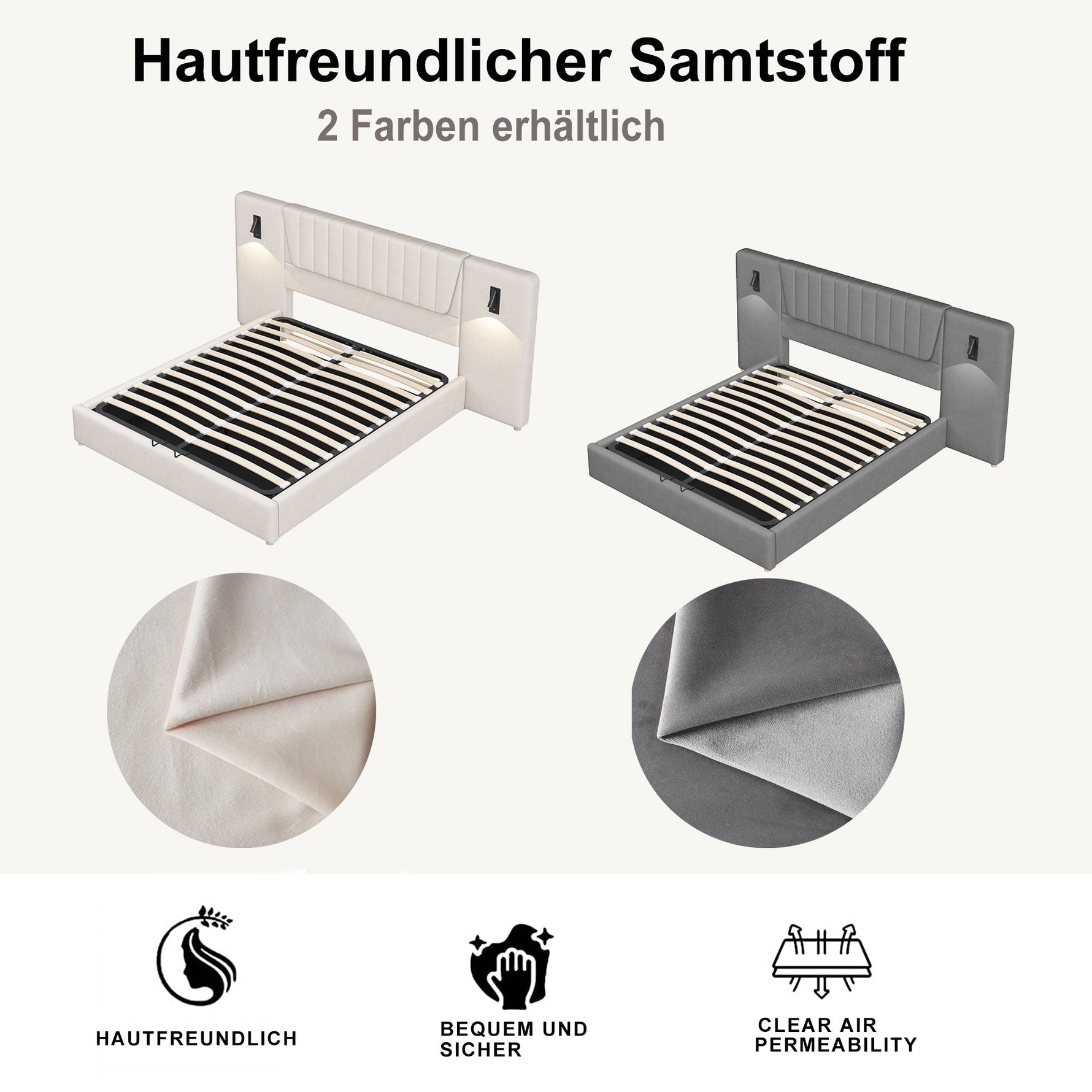 Upholstered Bed 180x200cm, Hydraulic Storage with USB & Reading Lamp, Grey Velvet