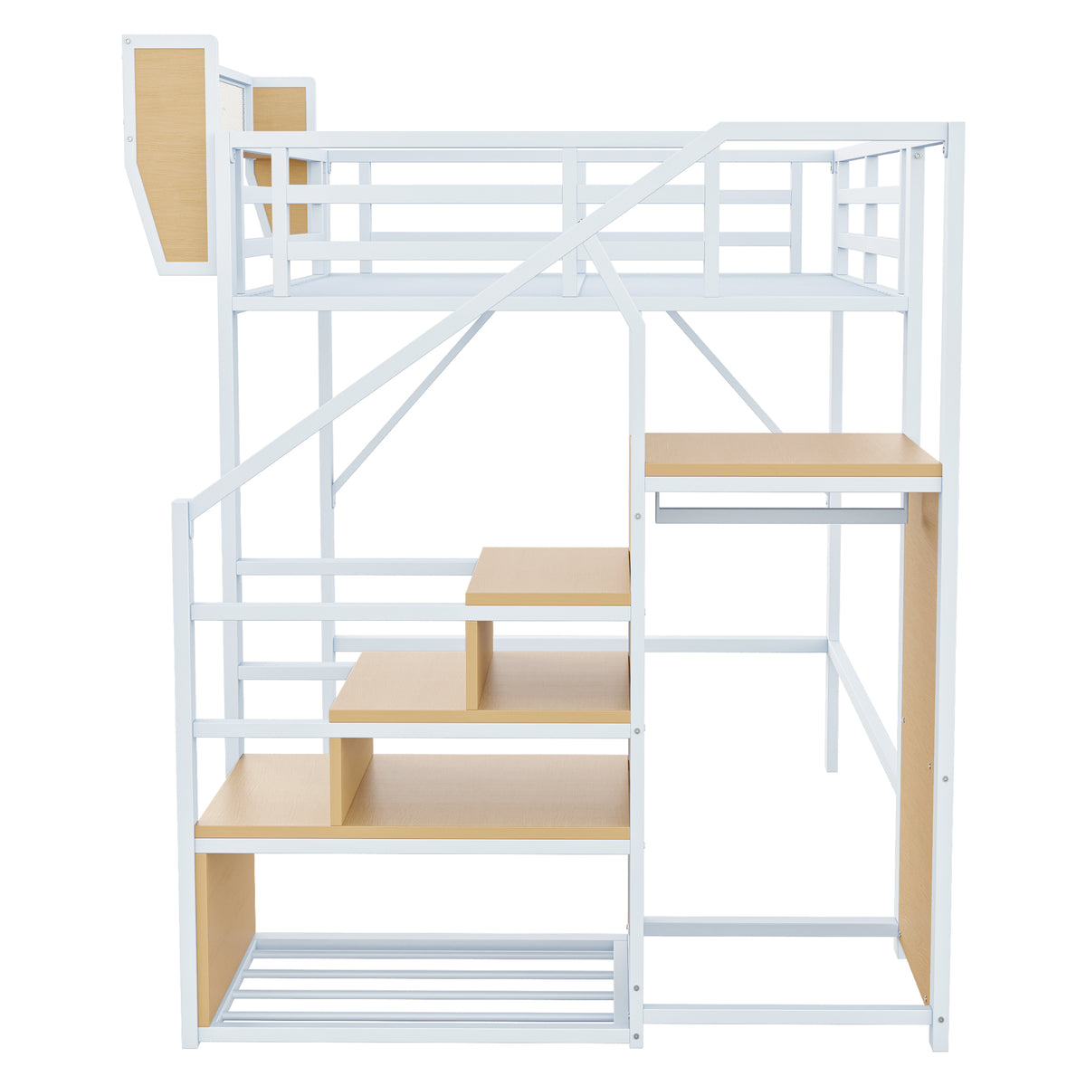 Loft Bed 140x200 with Safety Ladder & Storage, White Metal