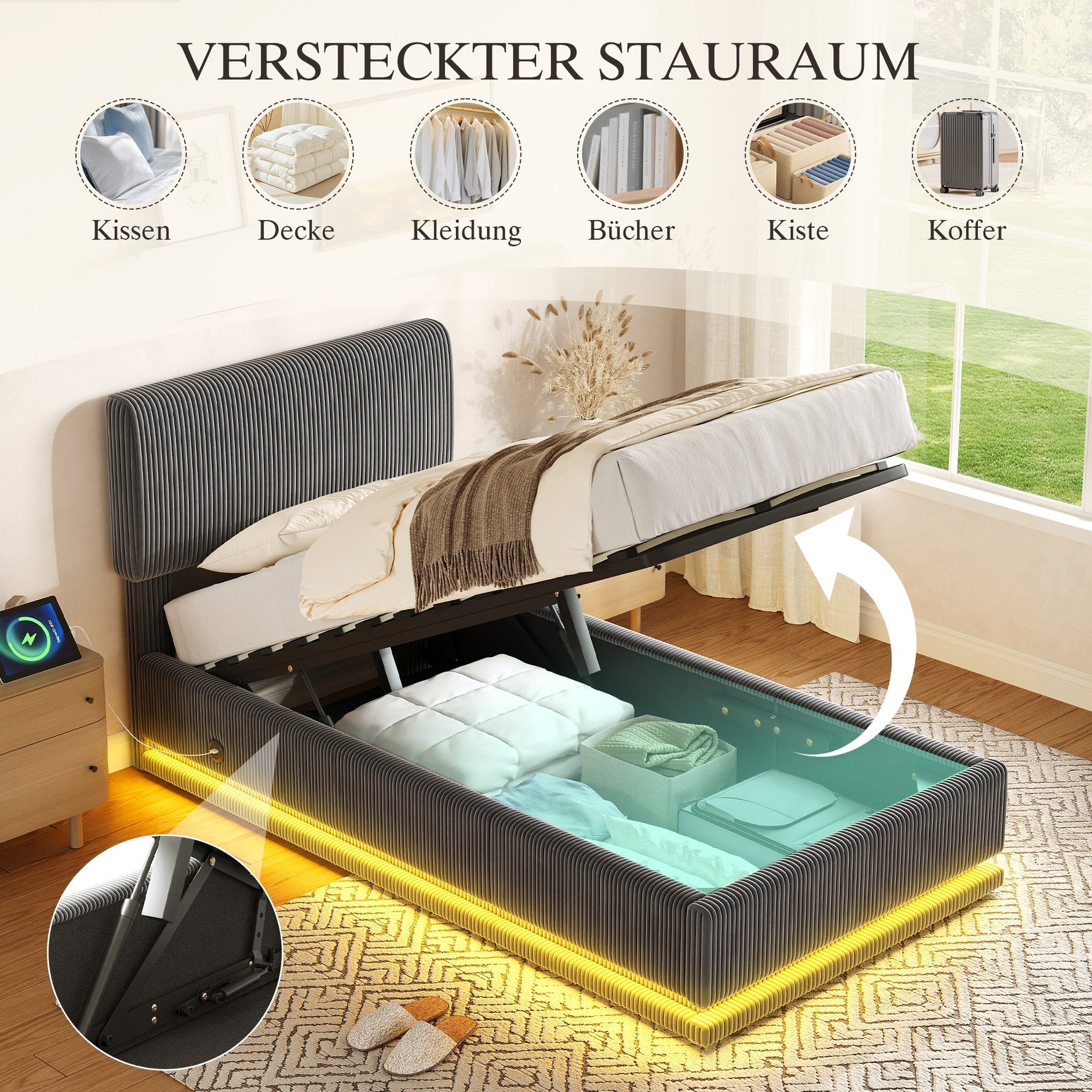 Modern Upholstered Bed with LED, USB-C Charging and Storage, 90x200, Gray Corduroy