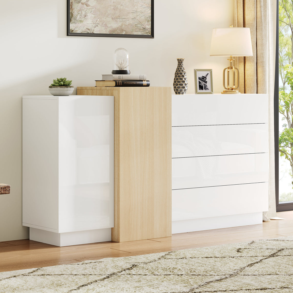 Sideboard Storage Cabinet, High-Gloss Modern Wood-Colored White