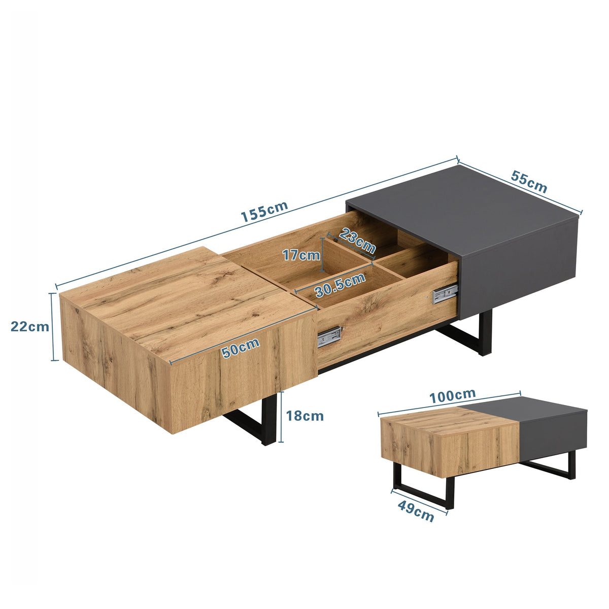 Multifunctional Modern Sliding Coffee Table with Hidden Storage, Wood and Metal
