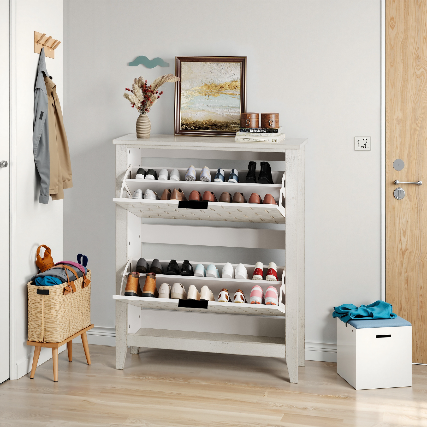 Vintage shoe cabinet, 80 cm, 2 folding drawers, white