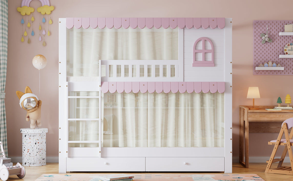 Bunk Bed, Children's with Windows, Curtains, Safety Gate & Storage, Pine + MDF, White + Pink