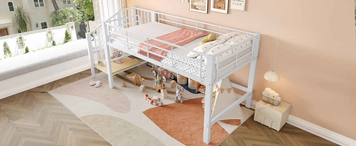 Semi-High Loft Bed 90 x 200 cm with Storage Stairs, White