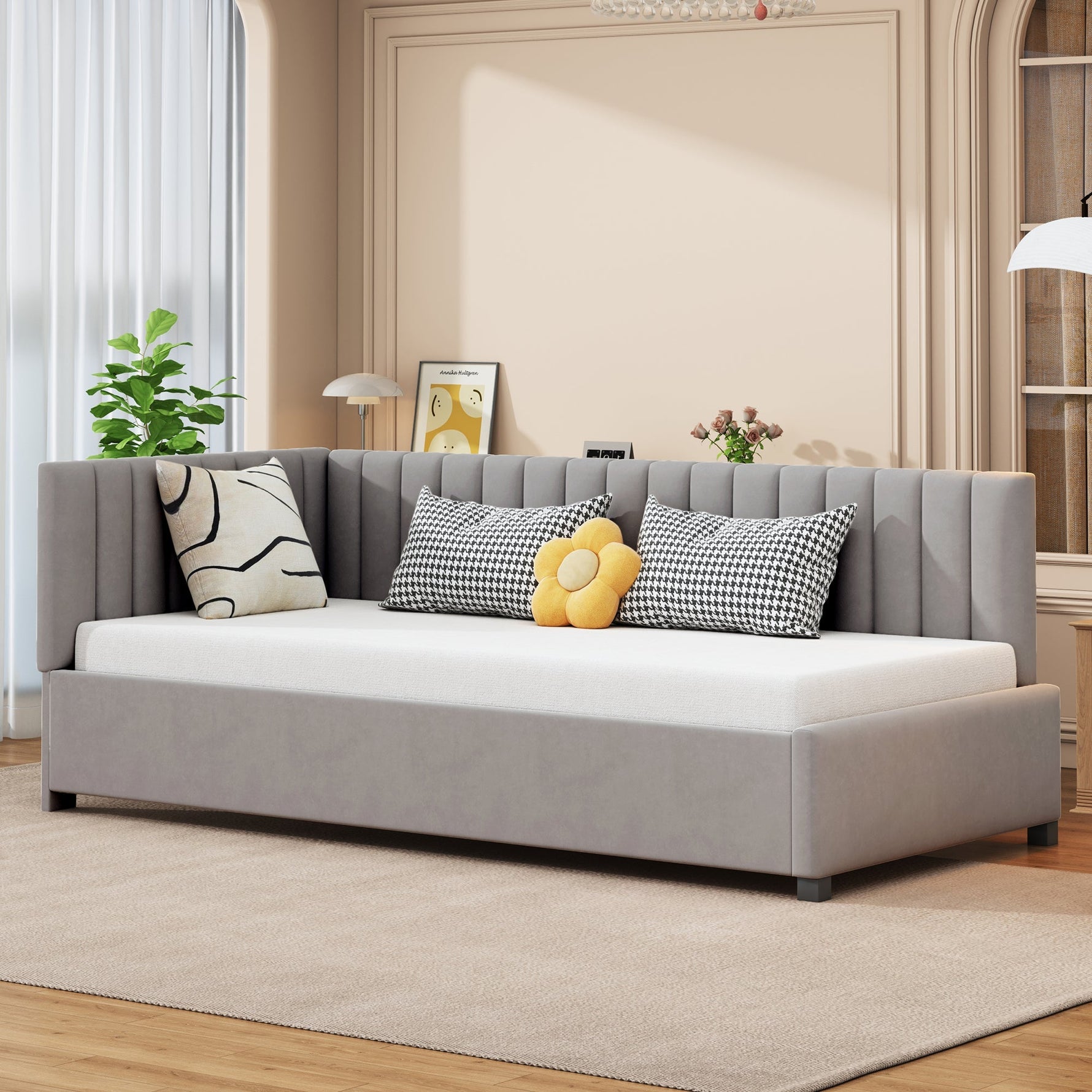 Upholstered Bed Sofa, 90x200 Multifunctional with Slatted Frame, Skin-Friendly Velvet Fabric Gray