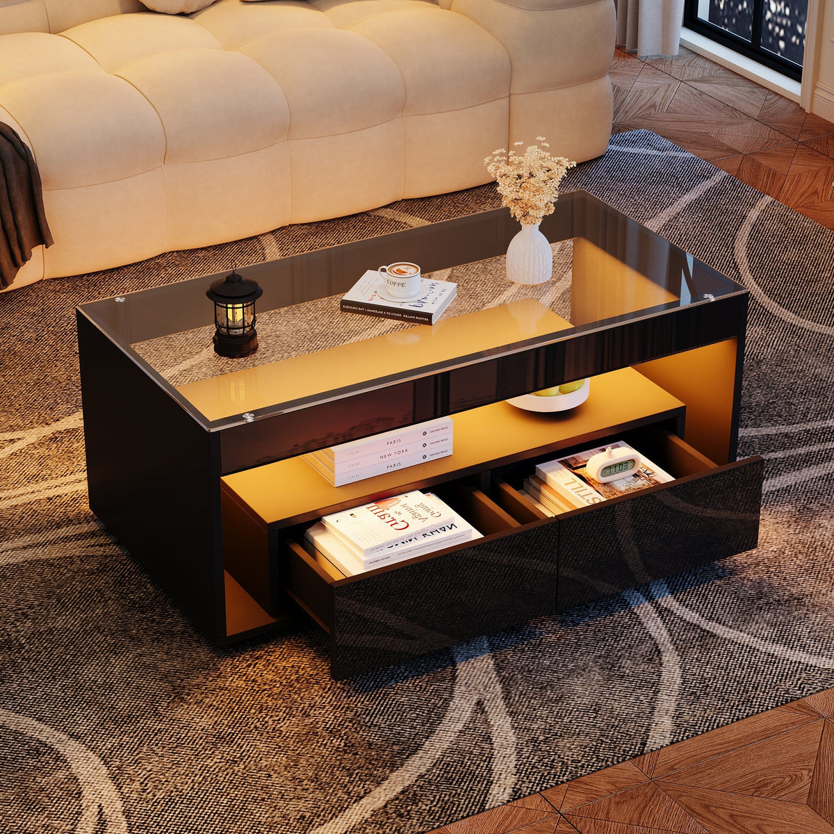 Modern Coffee Table, 16-Color LED Light, 2 Large Drawers, High Gloss, Black